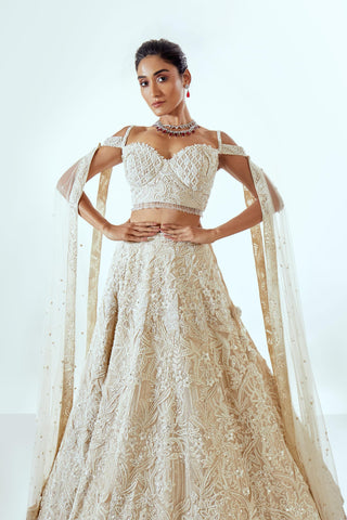 Beige Lehenga Set for Indian Wedding – Mukti 3D Floral Organza by Pallavi Poddar