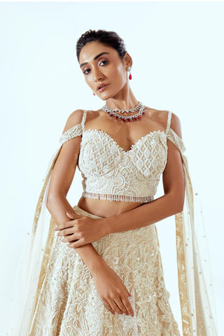 Beige Lehenga Set for Indian Wedding – Mukti 3D Floral Organza by Pallavi Poddar