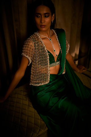 Pre-Draped Saree for Indian Wedding – Emerald Green Cape by Babita Malkani