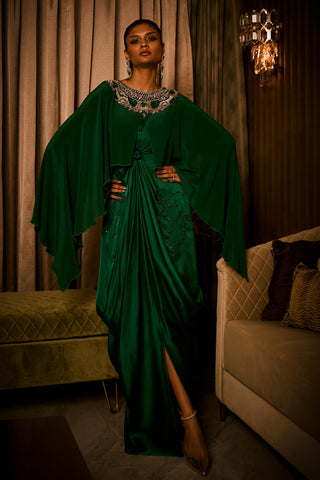 Cocktail Dress for Contemporary Wear – Emerald Green Cape by Babita Malkani