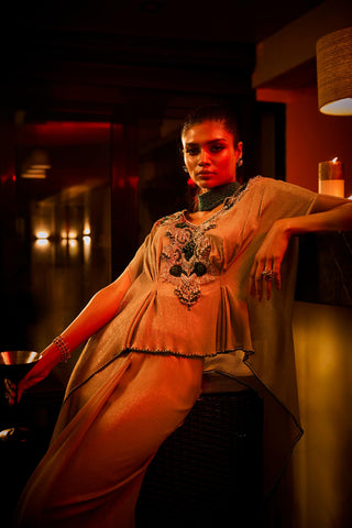 Draped Skirt Set for Contemporary Wear – Brown Taupe Cape by Babita Malkani