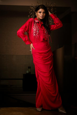 Skirt and Shirt Set for Contemporary Wear – Red Sangria by Babita Malkani