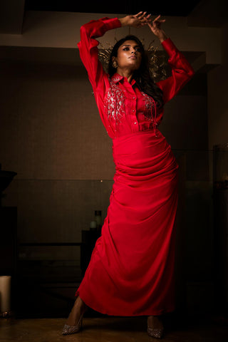 Skirt and Shirt Set for Contemporary Wear – Red Sangria by Babita Malkani