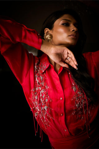 Skirt and Shirt Set for Contemporary Wear – Red Sangria by Babita Malkani