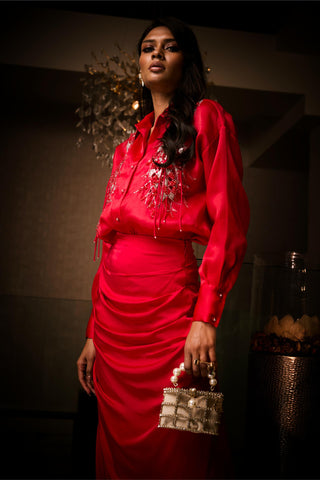 Skirt and Shirt Set for Contemporary Wear – Red Sangria by Babita Malkani