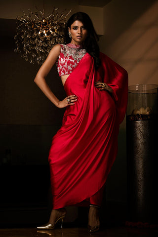 Pre-Draped Saree Set for Indian Wedding – Red Sangria by Babita Malkani