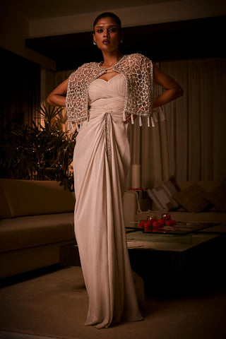Draped Dress for Contemporary Wear – Ivory Cape Jacket by Babita Malkani