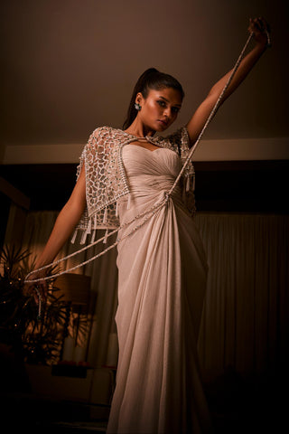 Draped Dress for Contemporary Wear – Ivory Cape Jacket by Babita Malkani