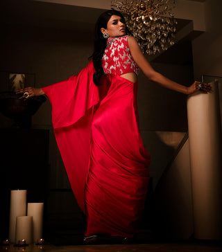 Pre-Draped Saree Set for Indian Wedding – Red Sangria by Babita Malkani