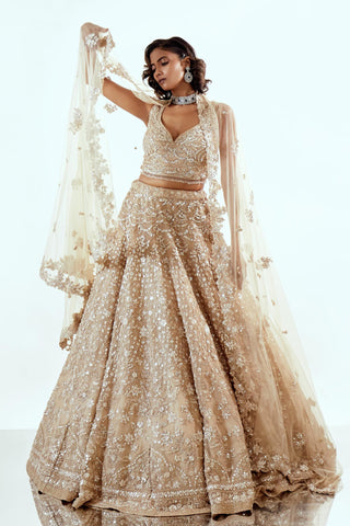 Beige Lehenga Set for Indian Wedding – Daisy Organza Detailing by Pallavi Poddar