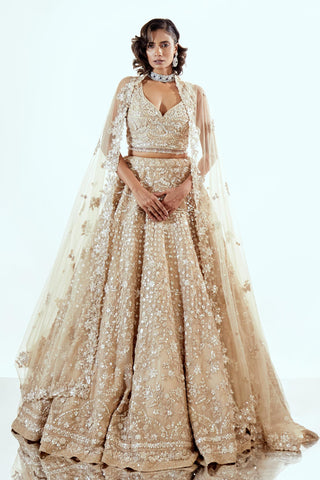 Beige Lehenga Set for Indian Wedding – Daisy Organza Detailing by Pallavi Poddar
