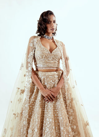 Beige Lehenga Set for Indian Wedding – Daisy Organza Detailing by Pallavi Poddar