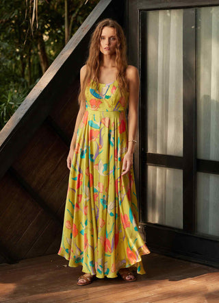 Yellow botanique flowy ankle length dress L / Yellow / women Yellow botanique flowy ankle length dress L / Yellow / women