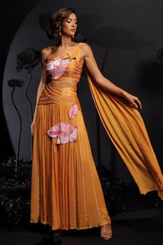 Mango yellow drape lehenga set with sequins
