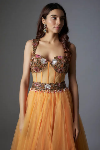 Orange net patchwork & botanical printed corset gown