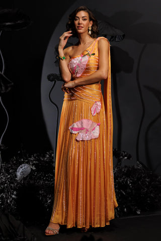 Mango yellow drape lehenga set with sequins