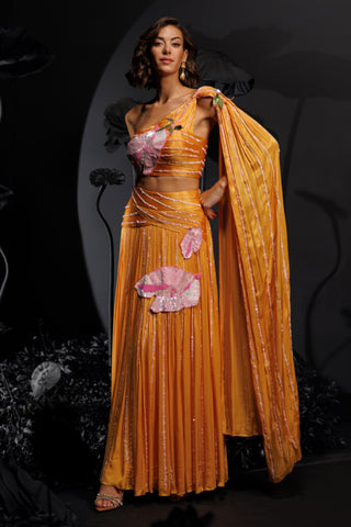 Mango yellow drape lehenga set with sequins