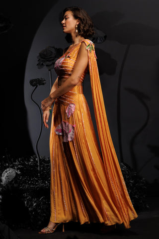 Mango yellow drape lehenga set with sequins