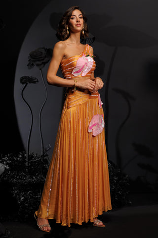 Mango yellow drape lehenga set with sequins