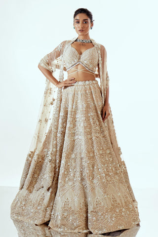 Beige Lehenga Set for Indian Wedding – Irish Pearl Organza by Pallavi Poddar
