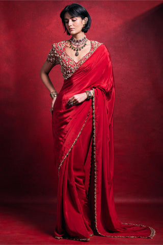 Saree Set Indian Wedding – Red Crepe Festive Look by Tamanna Punjabi Kapoor
