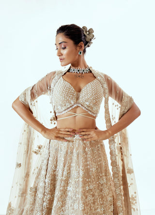 Beige Lehenga Set for Indian Wedding – Irish Pearl Organza by Pallavi Poddar