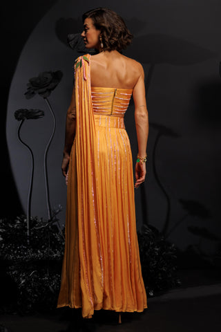 Mango yellow drape lehenga set with sequins