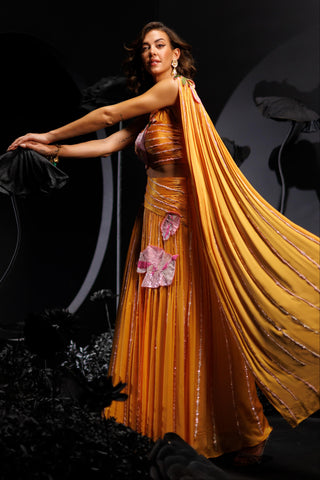 Mango yellow drape lehenga set with sequins