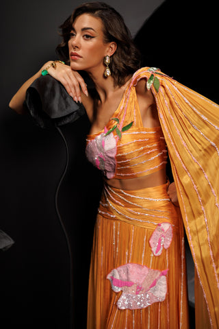 Mango yellow drape lehenga set with sequins