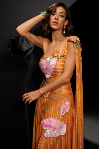 Mango yellow drape lehenga set with sequins