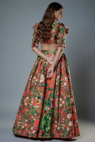 Orange botanical printed ruffle blouse with lehenga