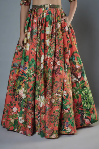 Orange botanical printed ruffle blouse with lehenga