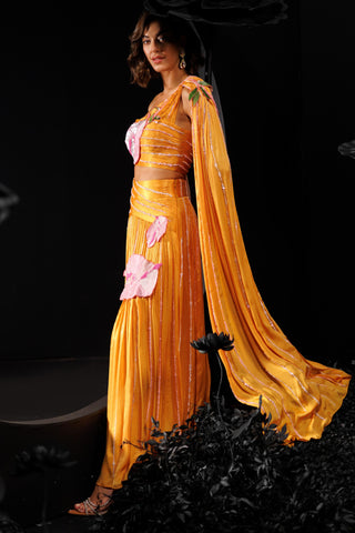 Mango yellow drape lehenga set with sequins