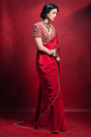 Saree Set Indian Wedding – Red Crepe Festive Look by Tamanna Punjabi Kapoor