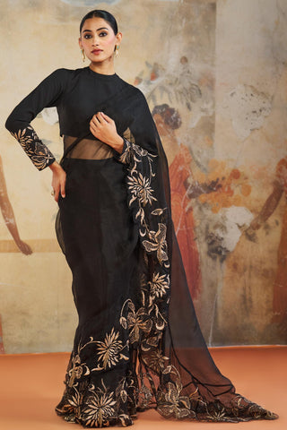Pre Draped Saree Cocktail Wear - Black Ruffle Saree by Aashima Behl