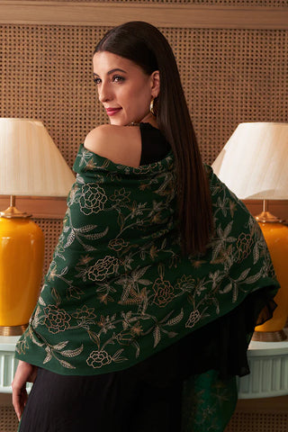 Stole Indian Wedding - Green Golden Peony Fine Merino Wool by Mauli