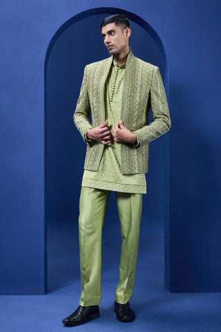 Bandhgala set Indian Wedding - Green Sequins Open by Sarab Khanijou