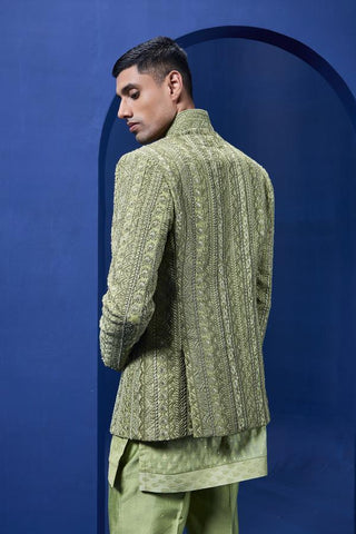 Bandhgala set Indian Wedding - Green Sequins Open by Sarab Khanijou