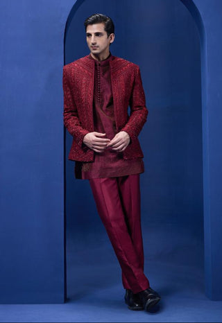 Bandhgala set Indian Wedding - Maroon Open by Sarab Khanijou