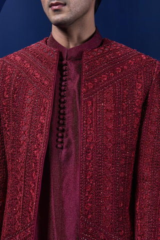 Bandhgala set Indian Wedding - Maroon Open by Sarab Khanijou
