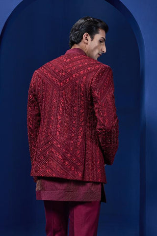 Bandhgala set Indian Wedding - Maroon Open by Sarab Khanijou