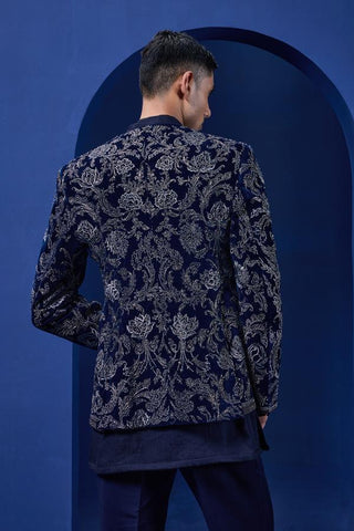 Bandhgala set Indian Wedding - Navy Sequins by Sarab Khanijou