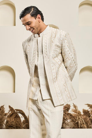 Bandhgala set Indian Wedding - Ivory Resham by Sarab Khanijou