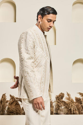 Bandhgala set Indian Wedding - Ivory Resham by Sarab Khanijou