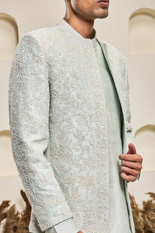 Bandhgala set Indian Wedding - Blue Sequins by Sarab Khanijou