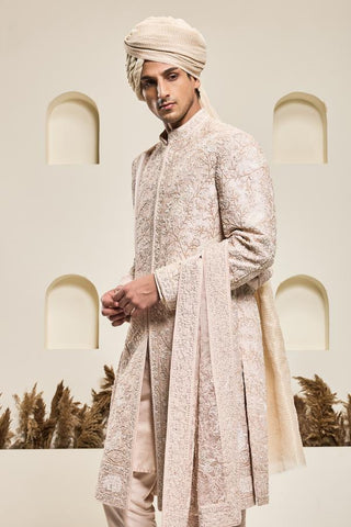 Sherwani set Indian Wedding - Pink Pearl Thread by Sarab Khanijou