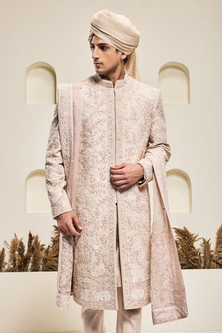 Sherwani set Indian Wedding - Pink Pearl Thread by Sarab Khanijou