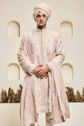 Sherwani set Indian Wedding - Pink Pearl Thread by Sarab Khanijou