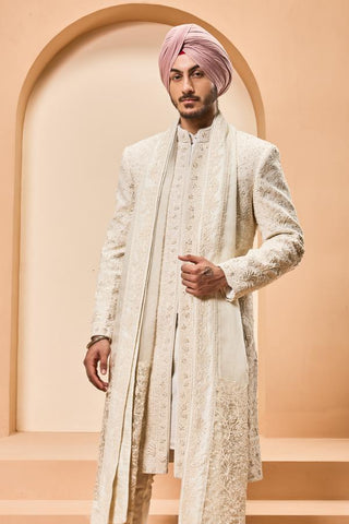 Pearl sherwani Indian Wedding - Ivory Pearl Detailing by Sarab Khanijou
