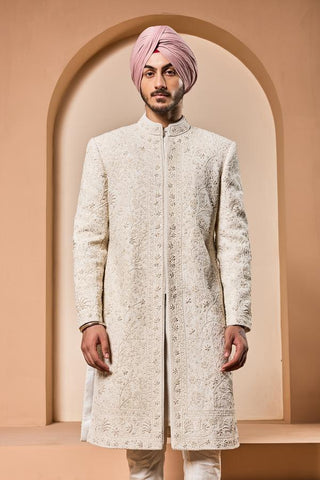 Pearl sherwani Indian Wedding - Ivory Pearl Detailing by Sarab Khanijou